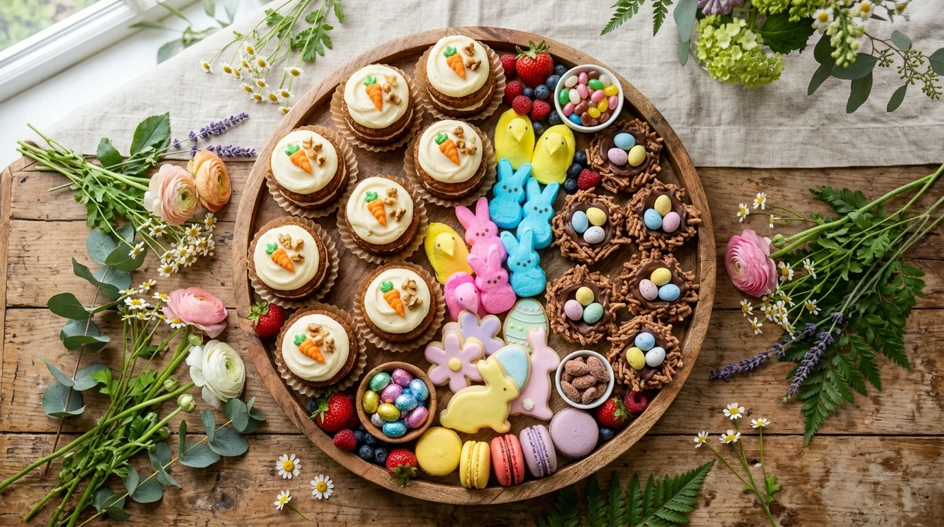A spring-themed dessert board with mini carrot cakes, marshmallow chicks, and chocolate nests, styled on a wooden platter, fresh flowers around, soft natural light, top-down shot, no people