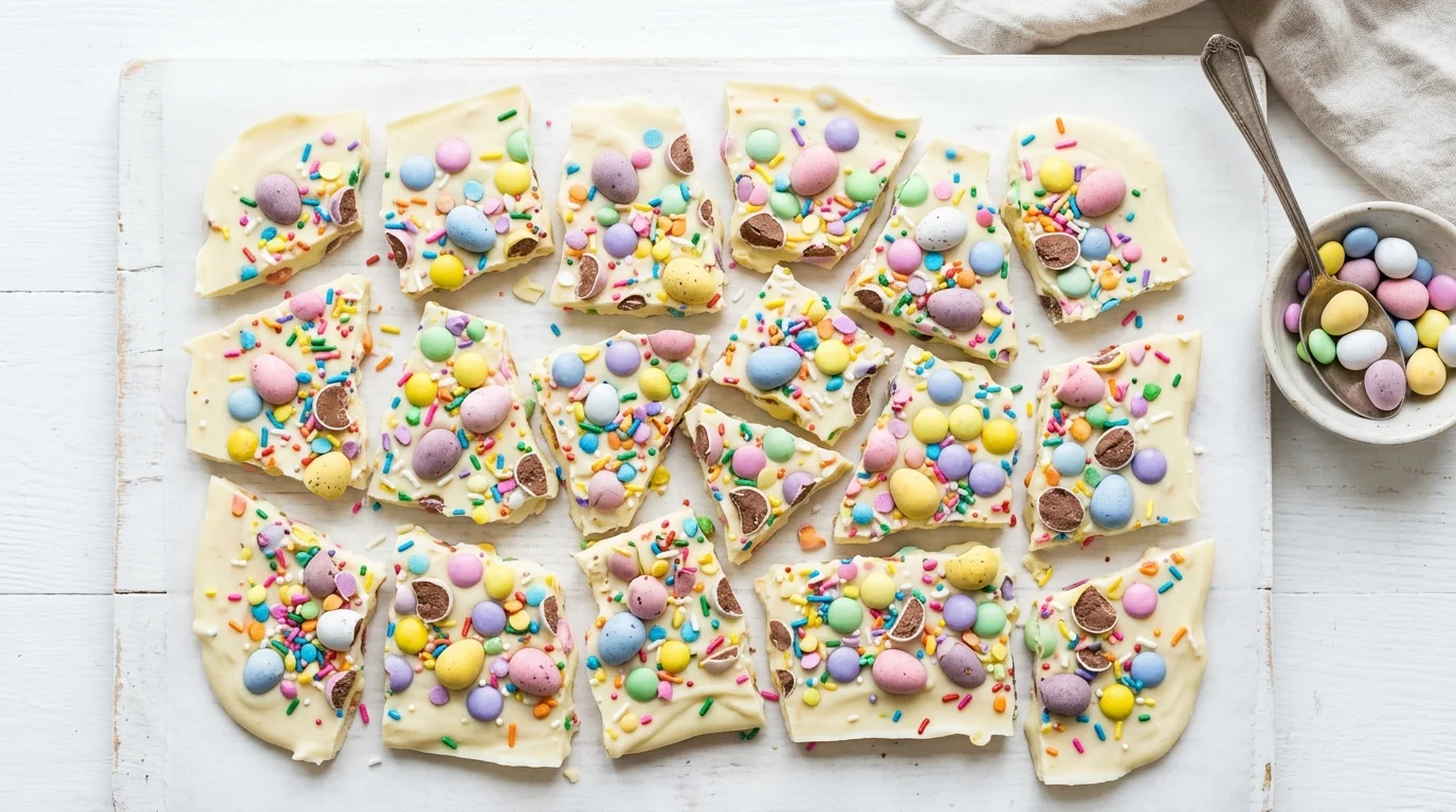 A DIY Easter chocolate bark with white chocolate base, sprinkled with pastel candies and mini eggs, broken into rustic pieces, bright clean background, overhead flat lay, no people