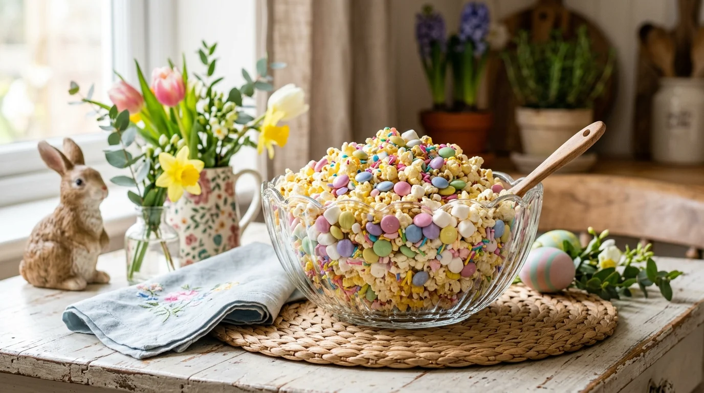 A festive Easter popcorn mix in a glass bowl with pastel M&Ms, marshmallows, and sprinkles, styled on a kitchen table with spring decor, soft lighting, close-up shot, no people
