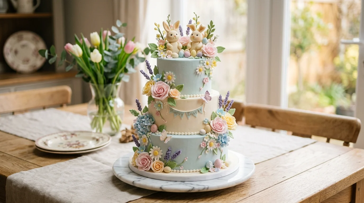 A homemade Easter cake decorated with fondant flowers, bunny figurines, and pastel icing layers, placed on a marble stand, soft diffused lighting, elegant composition, no people