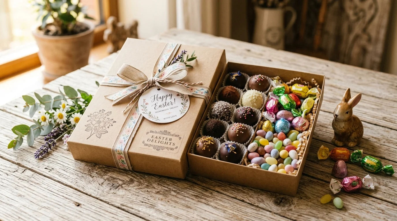 A DIY Easter treat box filled with handmade truffles and wrapped candies, decorated with ribbon and floral tags, placed on a wooden surface, warm natural light, angled shot, no people