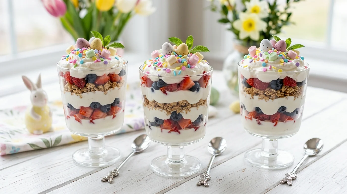 A colorful Easter parfait dessert in glass cups with layers of yogurt, fruit, and pastel sprinkles, arranged on a white table, bright fresh lighting, close-up composition, no people