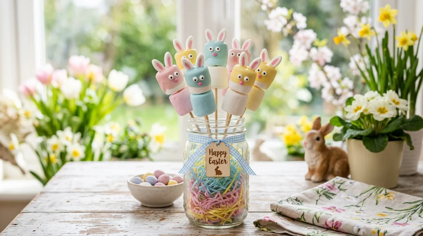 A DIY marshmallow bunny treat display with dipped marshmallows on sticks, pastel chocolate coating, arranged in a jar, cheerful spring background, soft daylight, no people