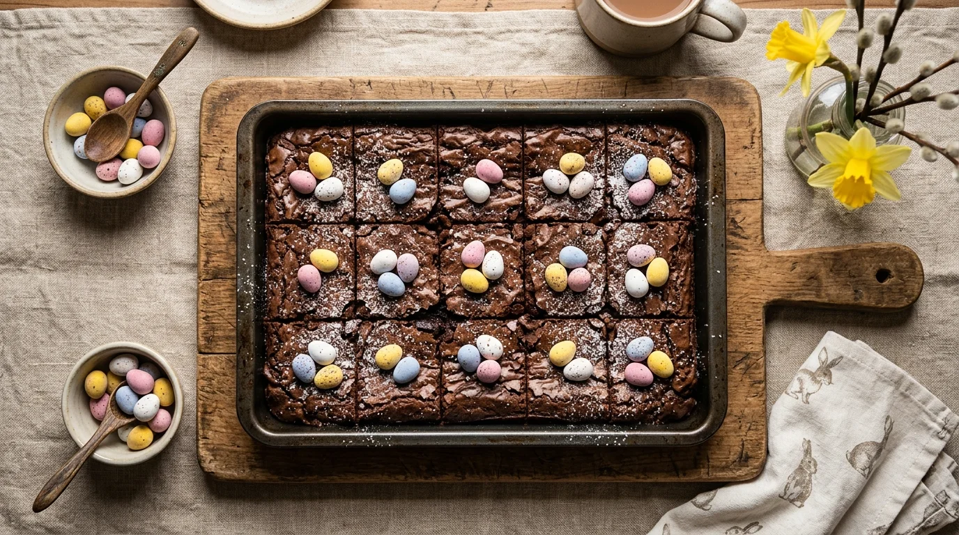 A homemade Easter brownie tray cut into squares and decorated with mini egg toppings, rich chocolate texture, rustic serving board, warm cozy lighting, overhead angle, no people