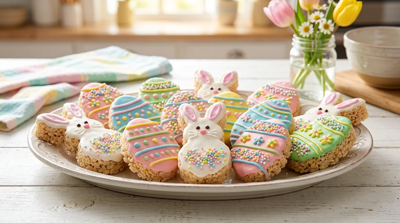 A festive Easter rice krispie treats platter shaped like eggs and bunnies, decorated with icing and sprinkles, pastel color palette, bright kitchen setting, close-up shot, no people