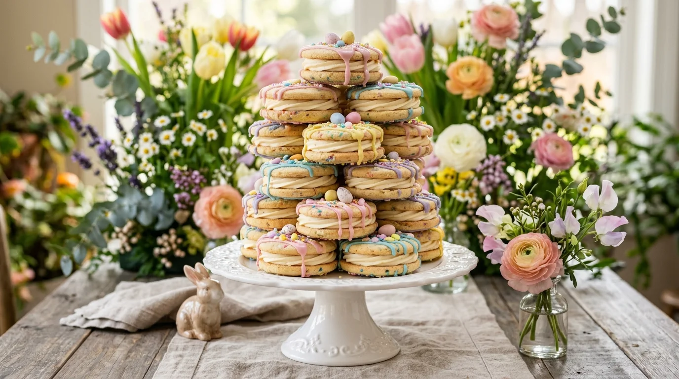 A DIY Easter cookie sandwich tower filled with cream frosting, pastel icing drizzle, stacked neatly on a cake stand, spring floral backdrop, soft natural lighting, eye-level composition, no people