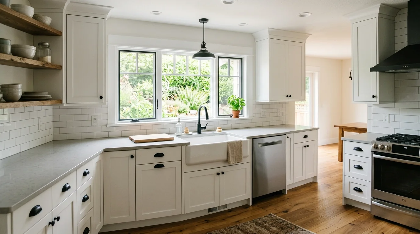 A kitchen with white shaker cabinets black hardware and a farmhouse sink bright natural light clean modern rustic design no people