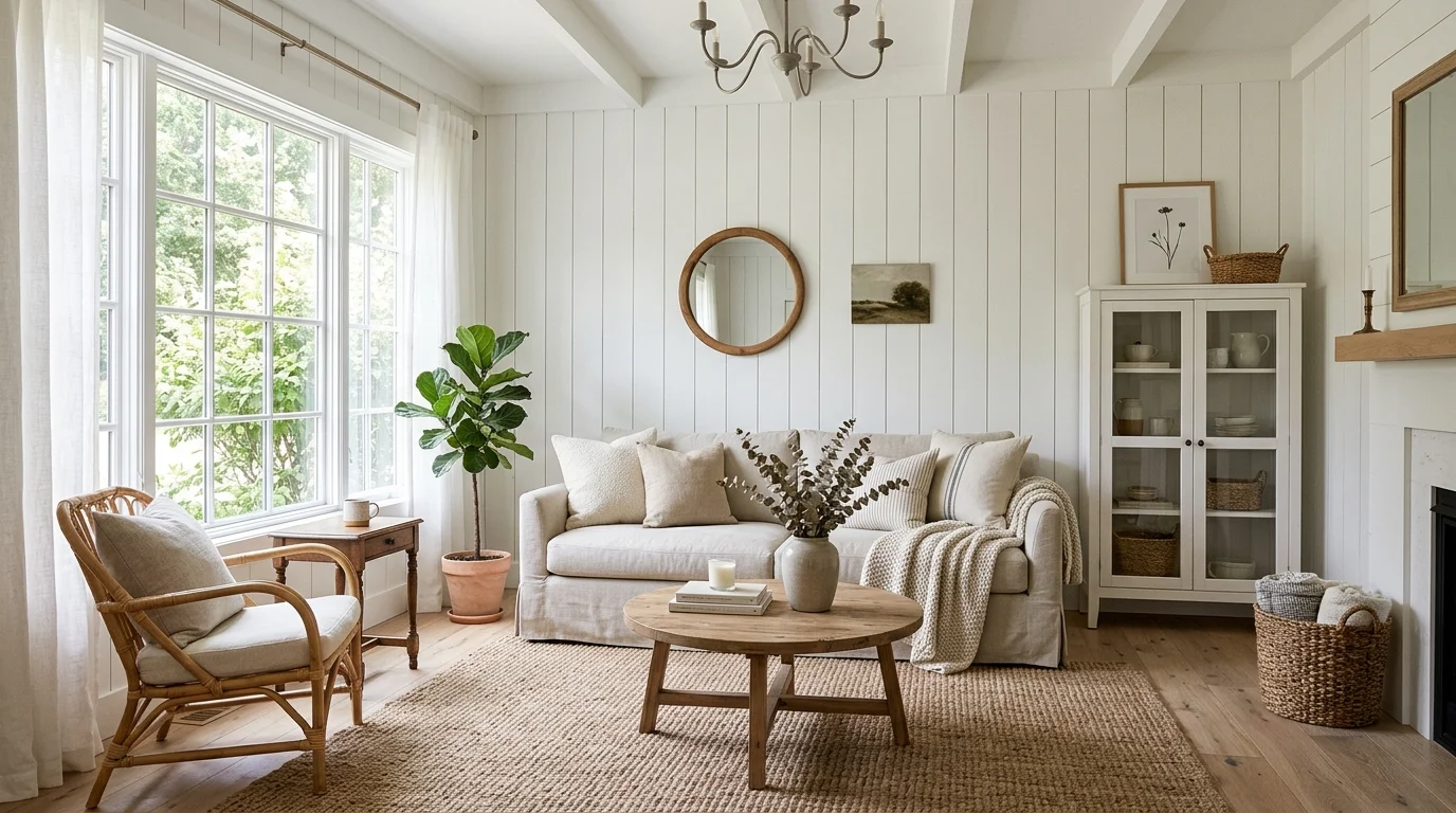 A living room with shiplap walls a neutral palette and simple decor bright natural daylight airy farmhouse aesthetic no people