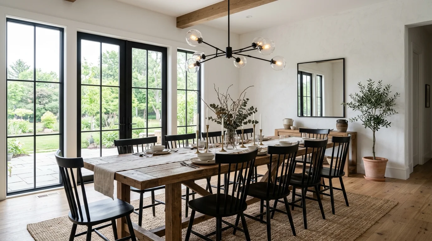 A dining space with a long wooden table black chairs and a minimalist chandelier bright lighting modern farmhouse elegance no people
