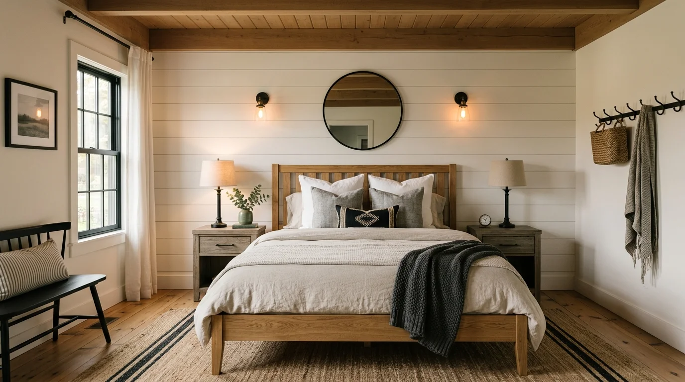 A bedroom with a wooden bed frame neutral bedding and black accents soft lighting cozy modern farmhouse vibe no people