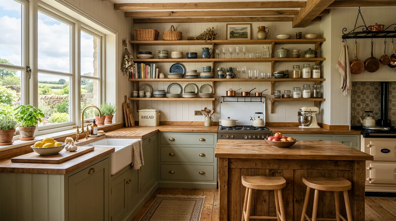 A farmhouse kitchen with open shelving displaying dishes and decor bright natural daylight functional stylish layout no people