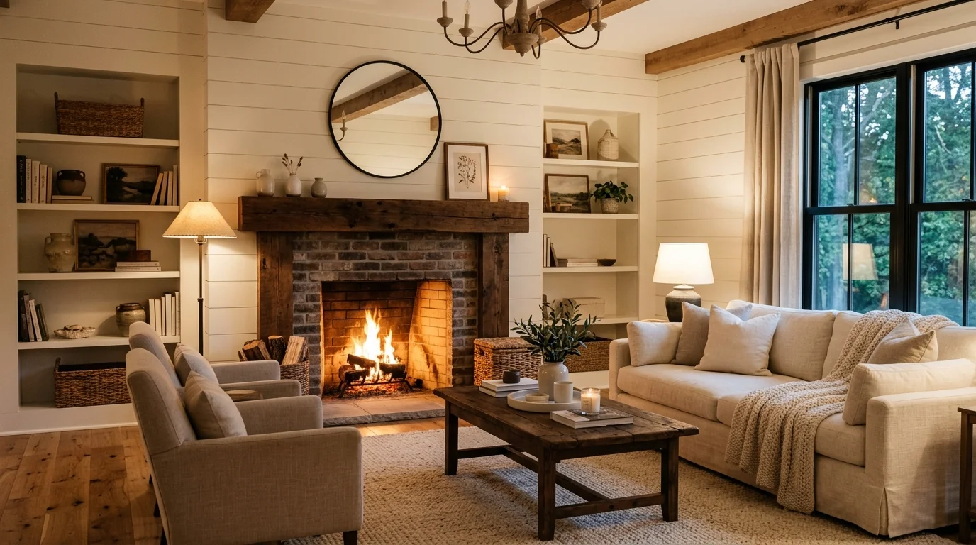 A living room with a fireplace wooden mantel and minimal decor warm ambient lighting inviting modern farmhouse feel no people