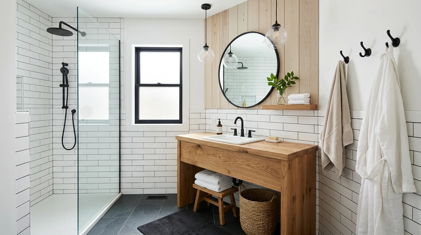A bathroom with white tiles black fixtures and wood accents bright lighting clean farmhouse inspired design no people