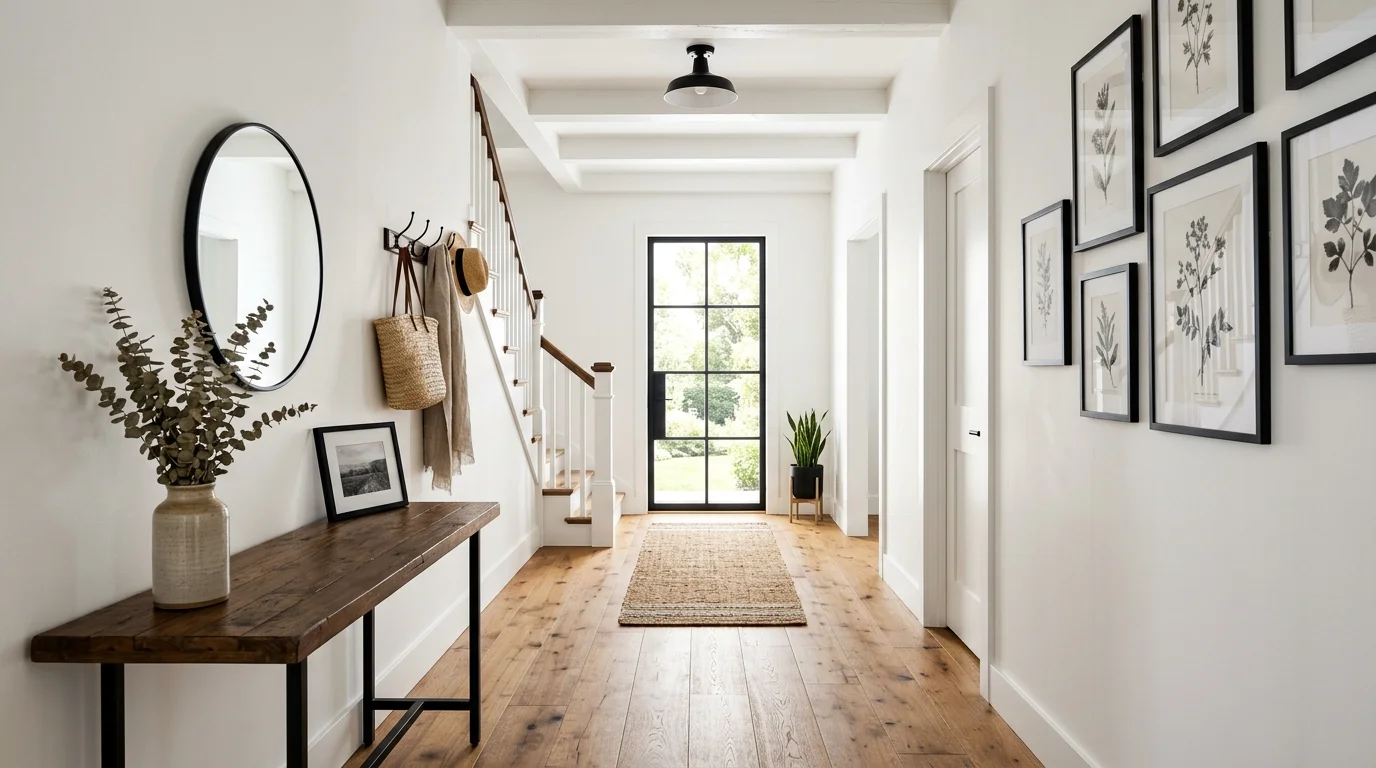 A hallway with simple decor wooden flooring and black accents bright natural daylight clean farmhouse look no people