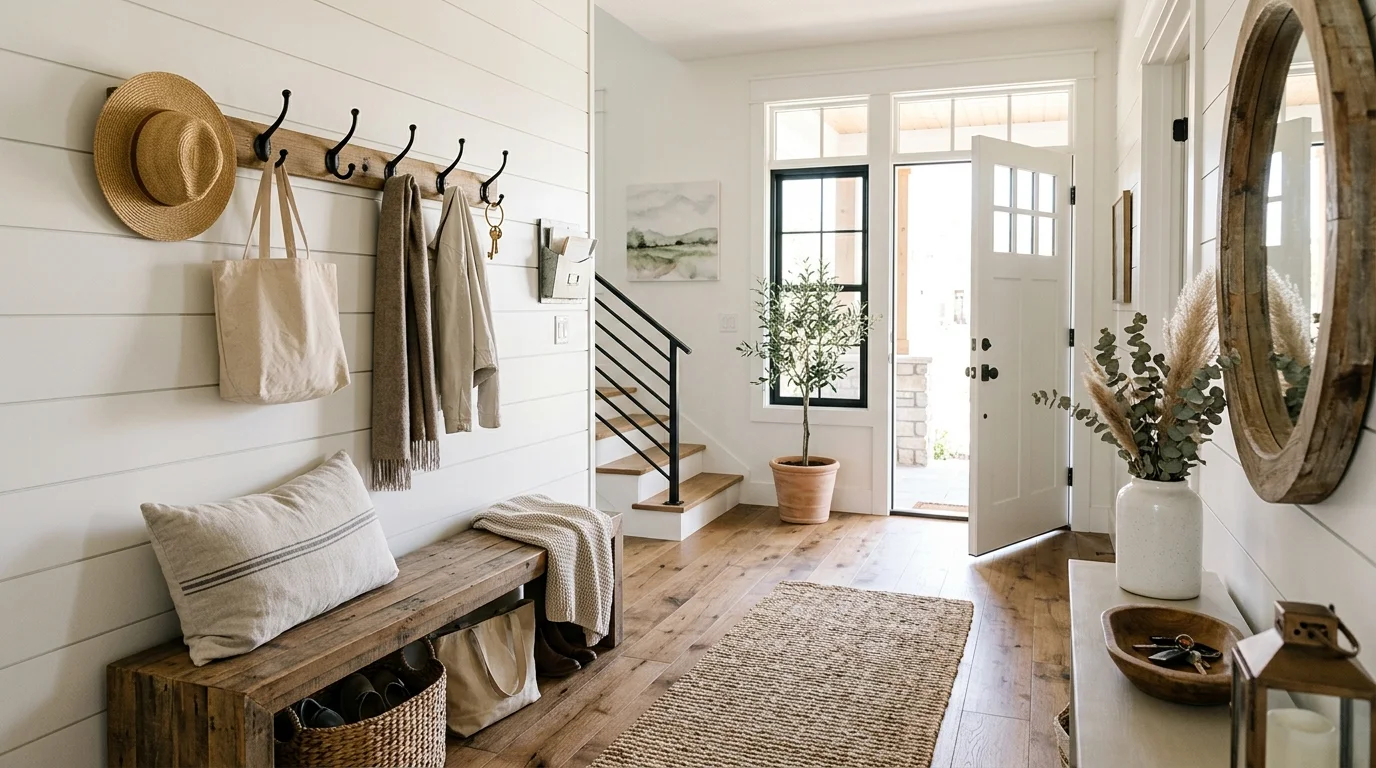 A modern farmhouse entryway with a wooden bench hooks and neutral decor bright natural light welcoming rustic design no people