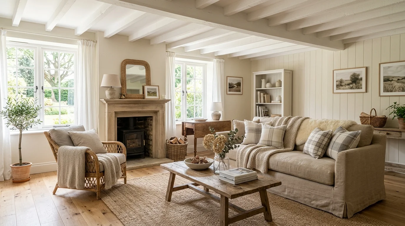 A living room with layered textures neutral tones and subtle decor bright natural daylight cozy fresh country aesthetic no people