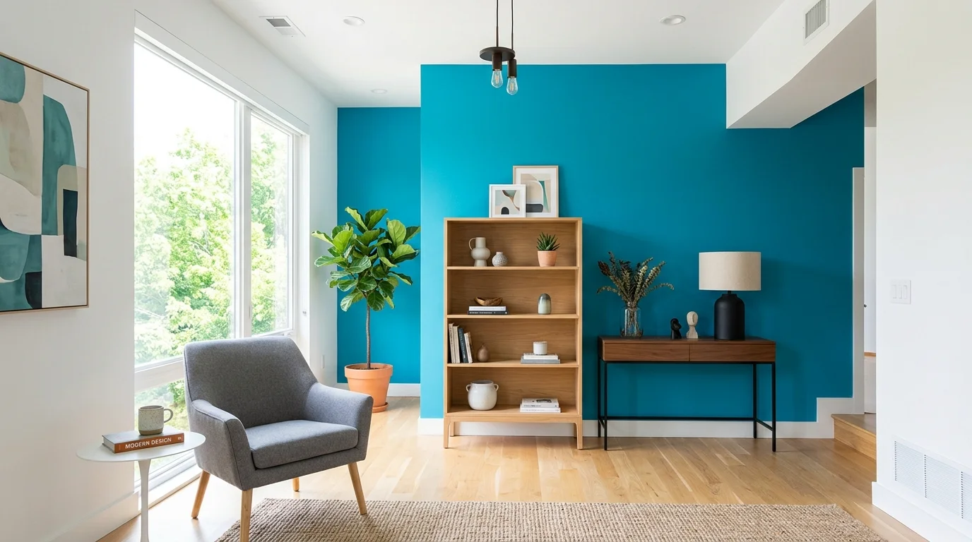 A room with a bold accent wall in vibrant color paired with minimalist furniture bright lighting energetic stylish design no people