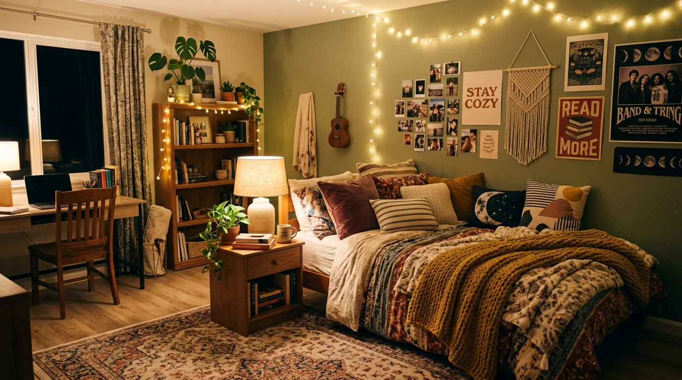 A cozy teen room with a bed layered with patterned bedding throw pillows and a soft rug warm lighting inviting relaxing atmosphere no people