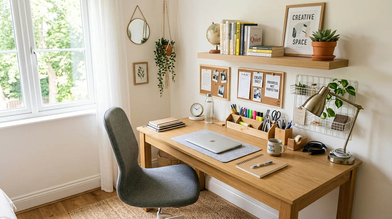 A study corner with a desk organized with stationery shelves and decor bright natural light functional productive setup no people