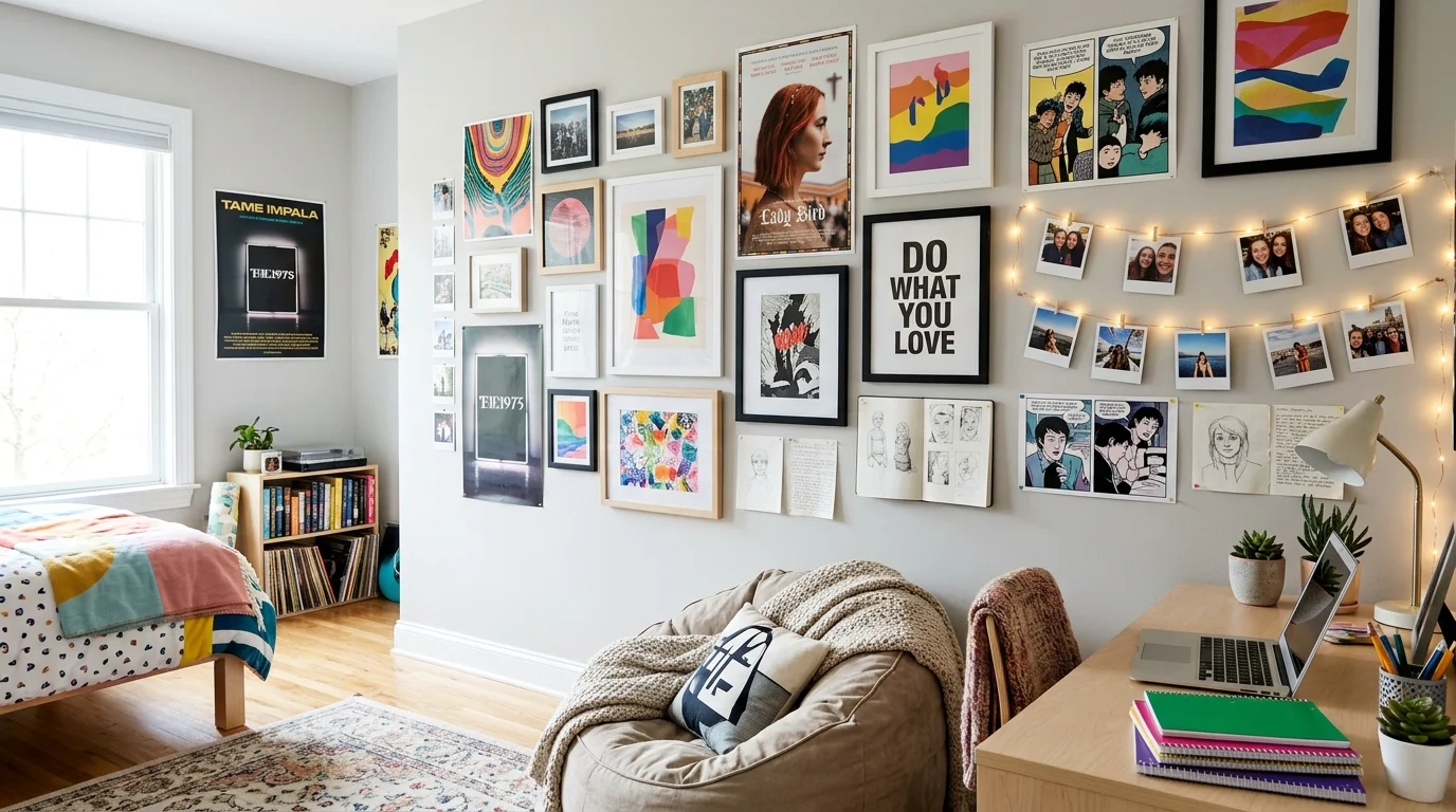 A room with a gallery wall featuring posters photos and art arranged creatively bright lighting personalized teen style no people