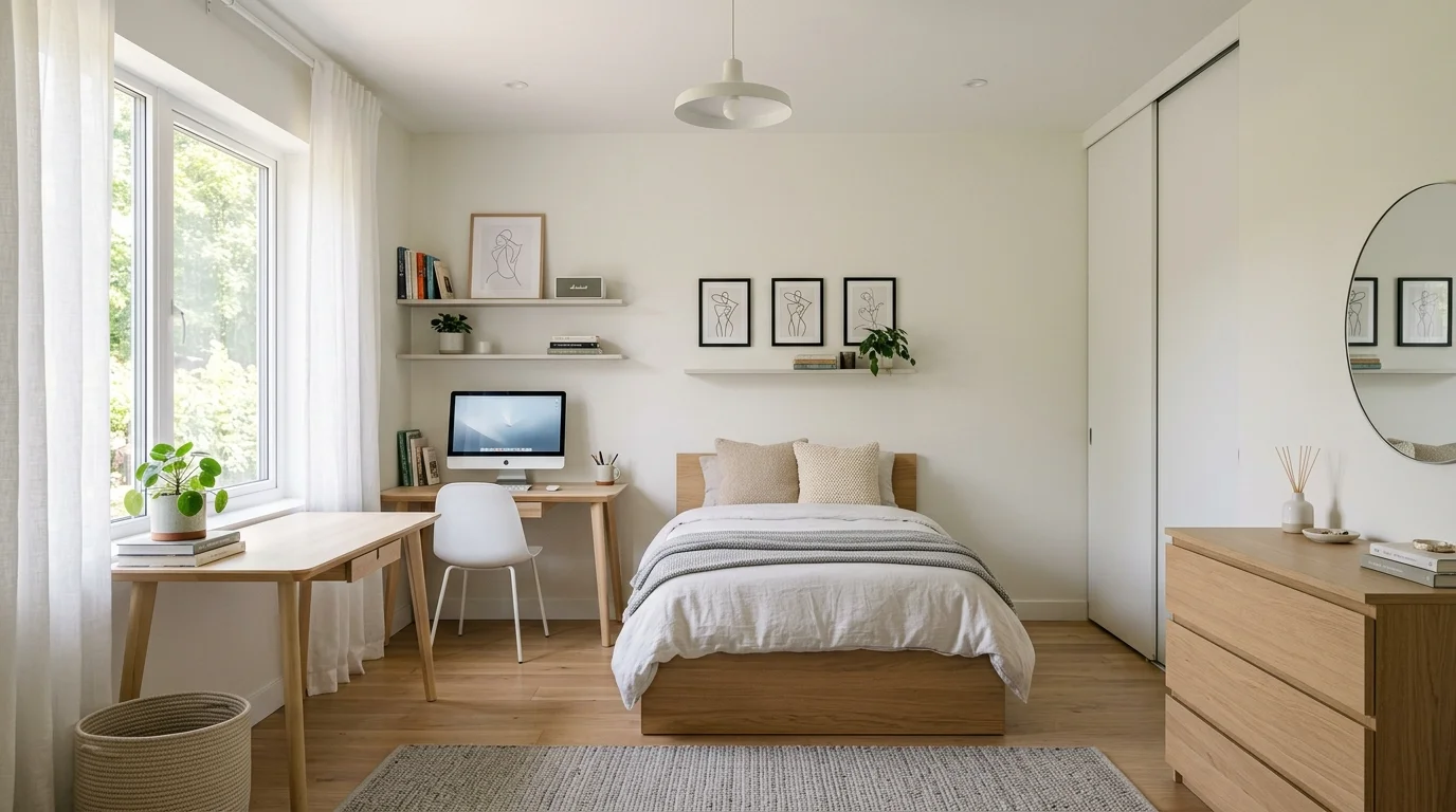 A minimalist teen room with neutral tones simple furniture and clean lines bright natural daylight modern uncluttered aesthetic no people