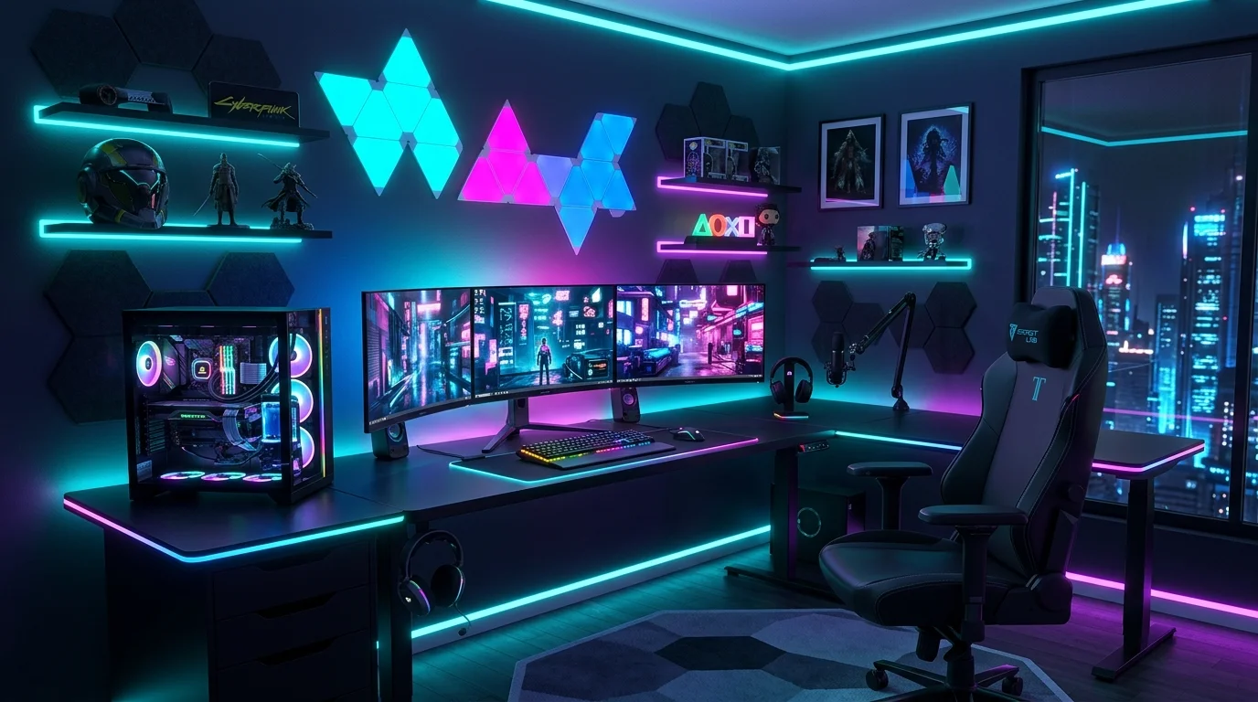A gaming inspired room with a desk setup RGB lighting and ergonomic chair bright lighting futuristic cool environment no people