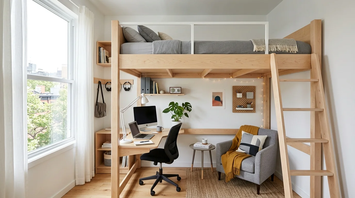 A room with a loft bed creating space underneath for a study or lounge area bright lighting smart functional design no people