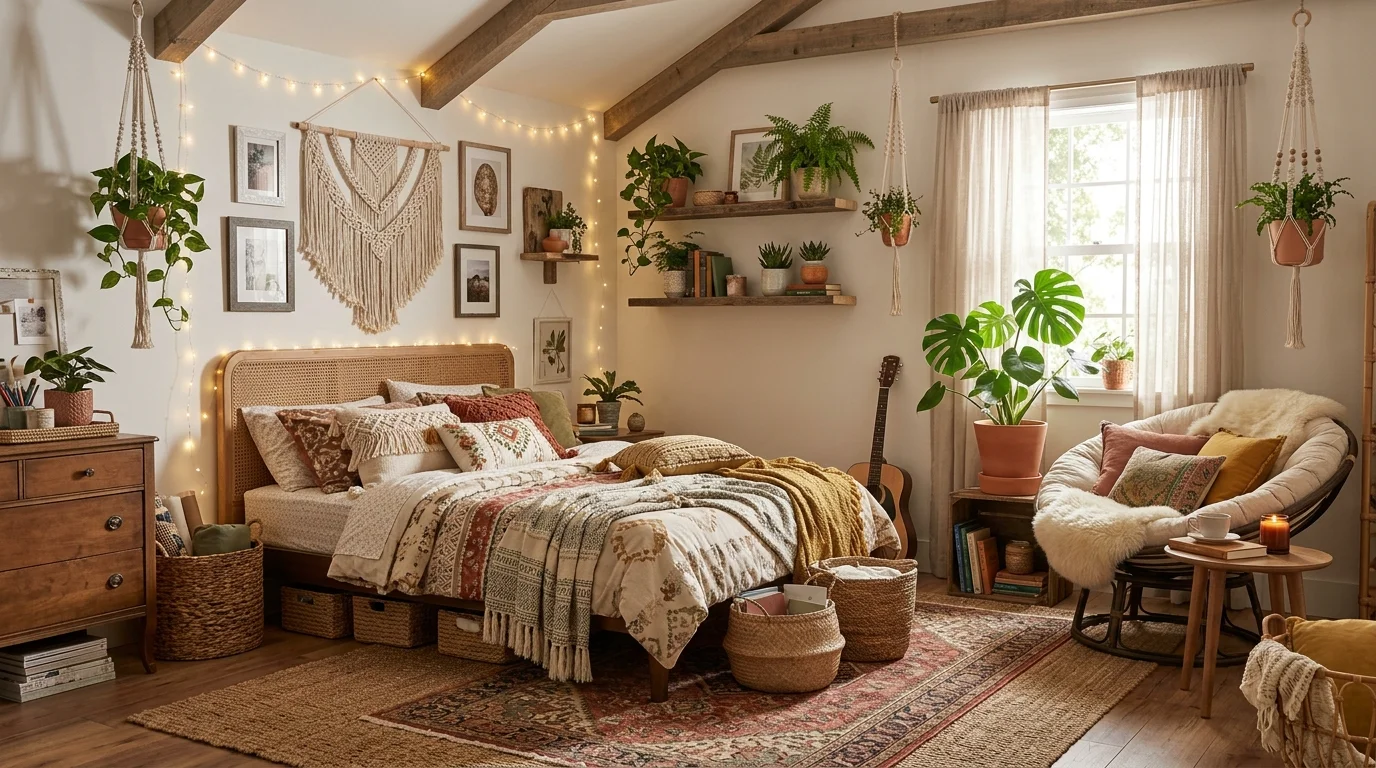 A boho teen room with woven decor layered textiles and plants soft lighting cozy stylish vibe no people