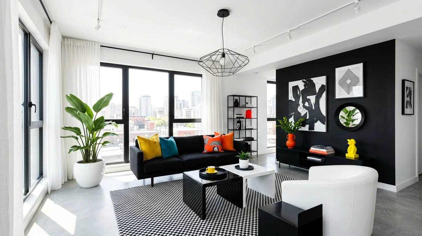 A room with a monochrome black and white theme paired with bold decor accents bright lighting sleek contemporary style no people