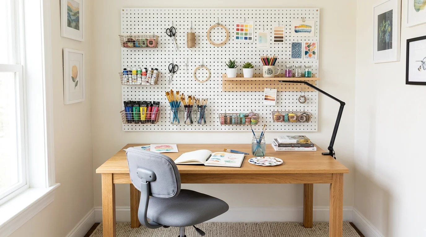 A creative corner with a pegboard wall for organizing art supplies and accessories bright lighting functional artistic setup no people