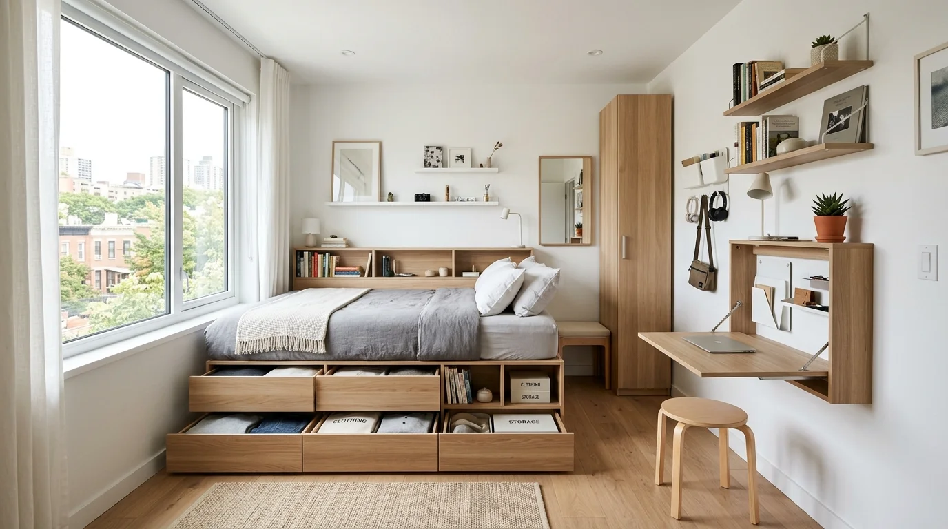 A room with multi functional furniture like storage beds and foldable desks bright lighting efficient space saving design no people