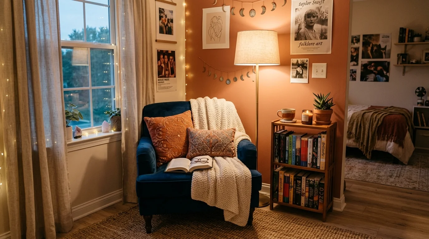 A teen bedroom with a reading nook featuring a comfy chair soft lighting and a small bookshelf cozy relaxing corner no people
