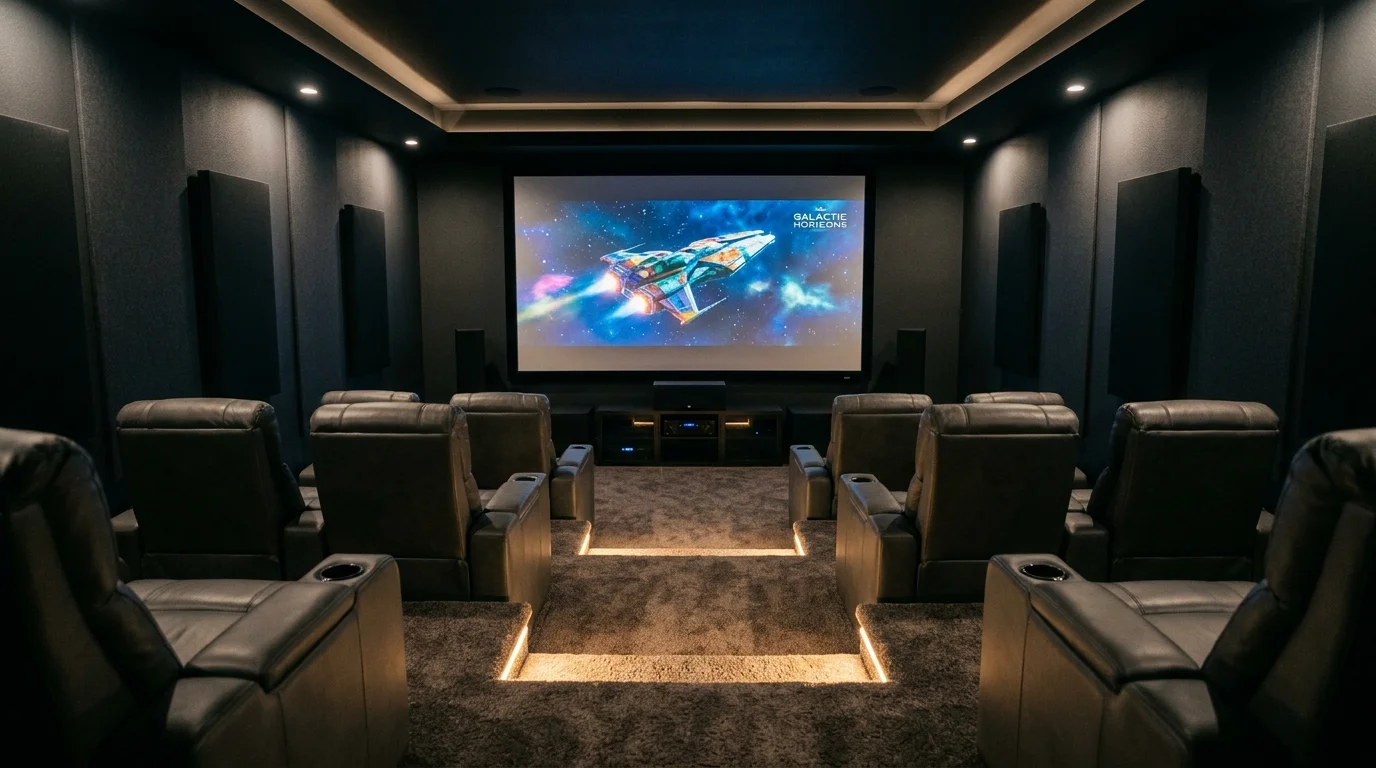 A modern theater room with tiered seating dark walls and LED strip lighting along steps soft lighting immersive movie setup no people