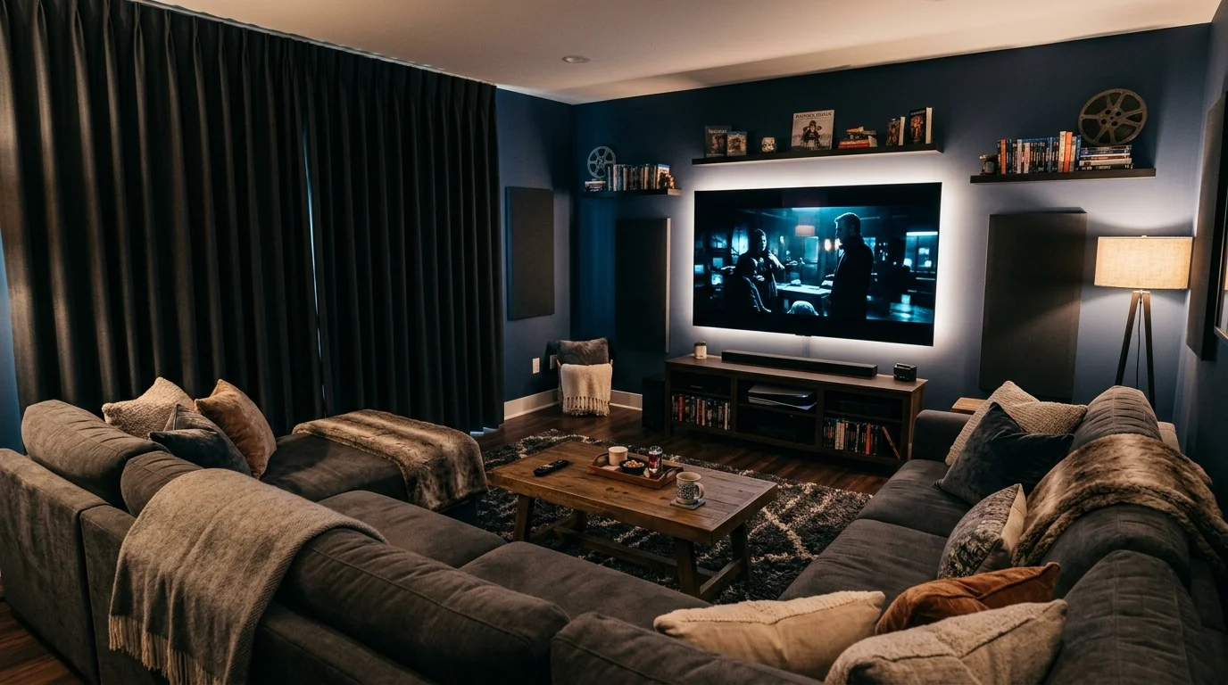 A cozy media room with a large flat screen TV sectional sofa and blackout curtains dim lighting comfortable viewing space no people