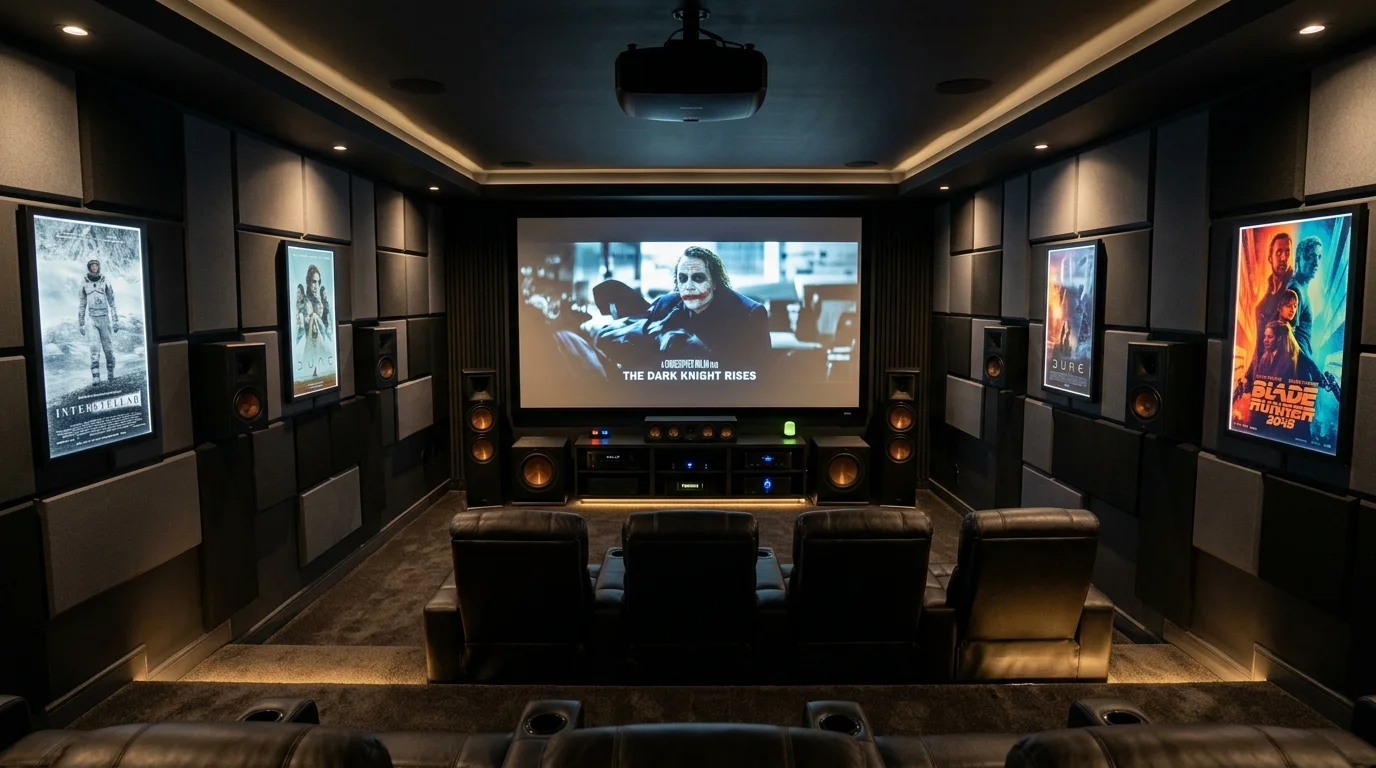 A home theater with acoustic wall panels and surround sound speakers soft lighting professional cinema feel no people