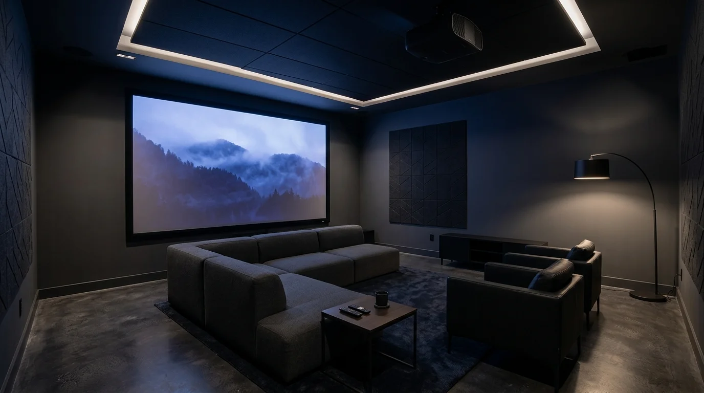 A room with a projector screen and minimalist seating setup dark tones soft lighting clean cinematic design no people