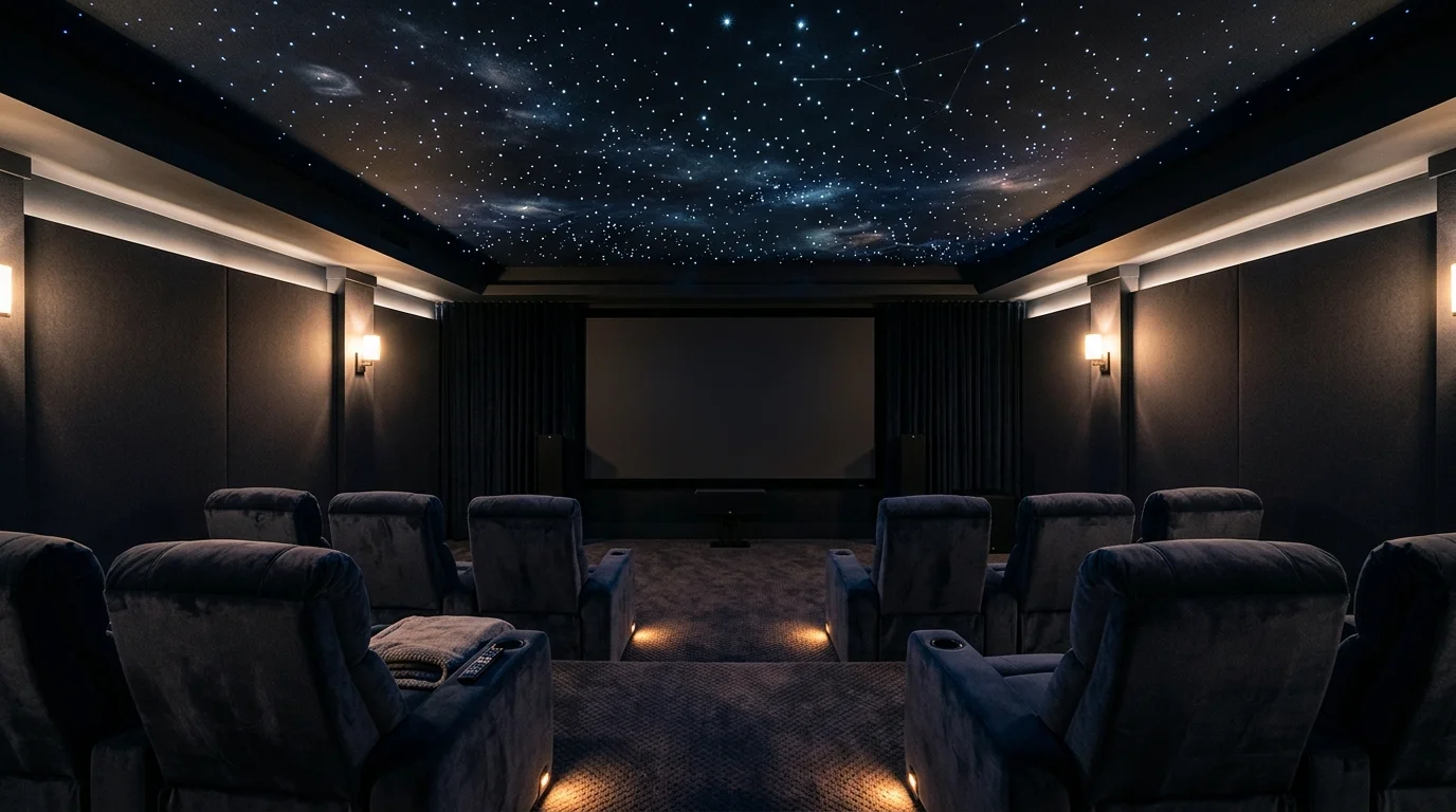 A theater room with star ceiling lights creating a night sky effect soft dim lighting magical immersive ambiance no people