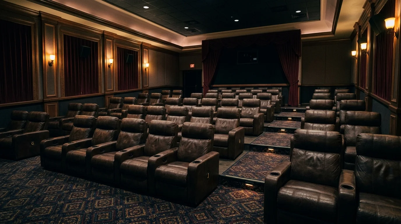 A space with leather recliners and cup holders arranged in rows dim lighting classic theater style no people