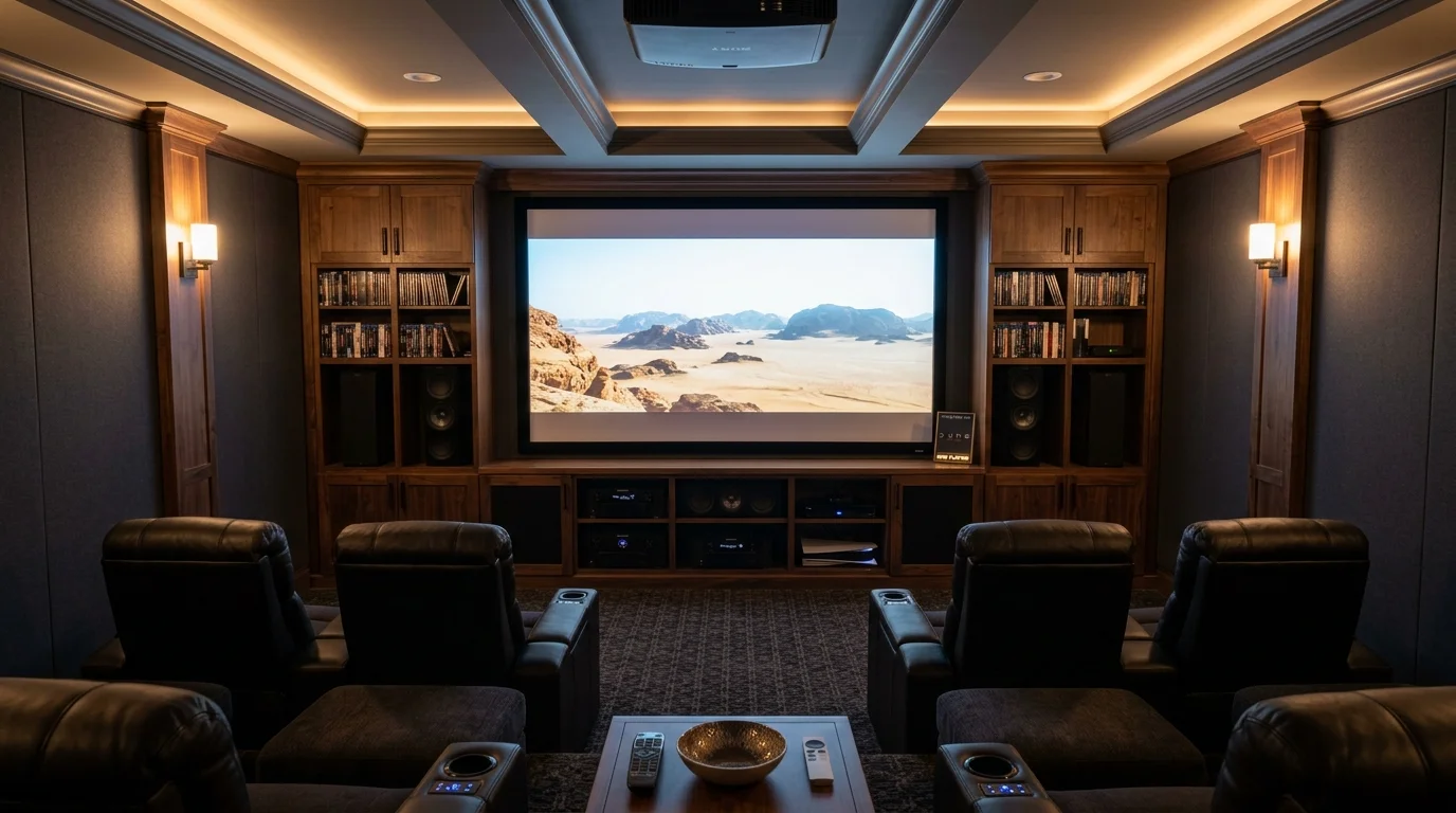 A home theater with a large screen and built in cabinetry for media equipment soft lighting organized entertainment hub no people