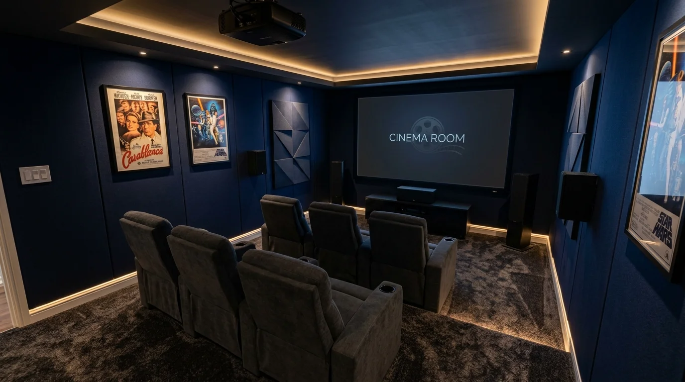 A small theater room with compact seating and optimized layout dim lighting efficient cinematic setup no people