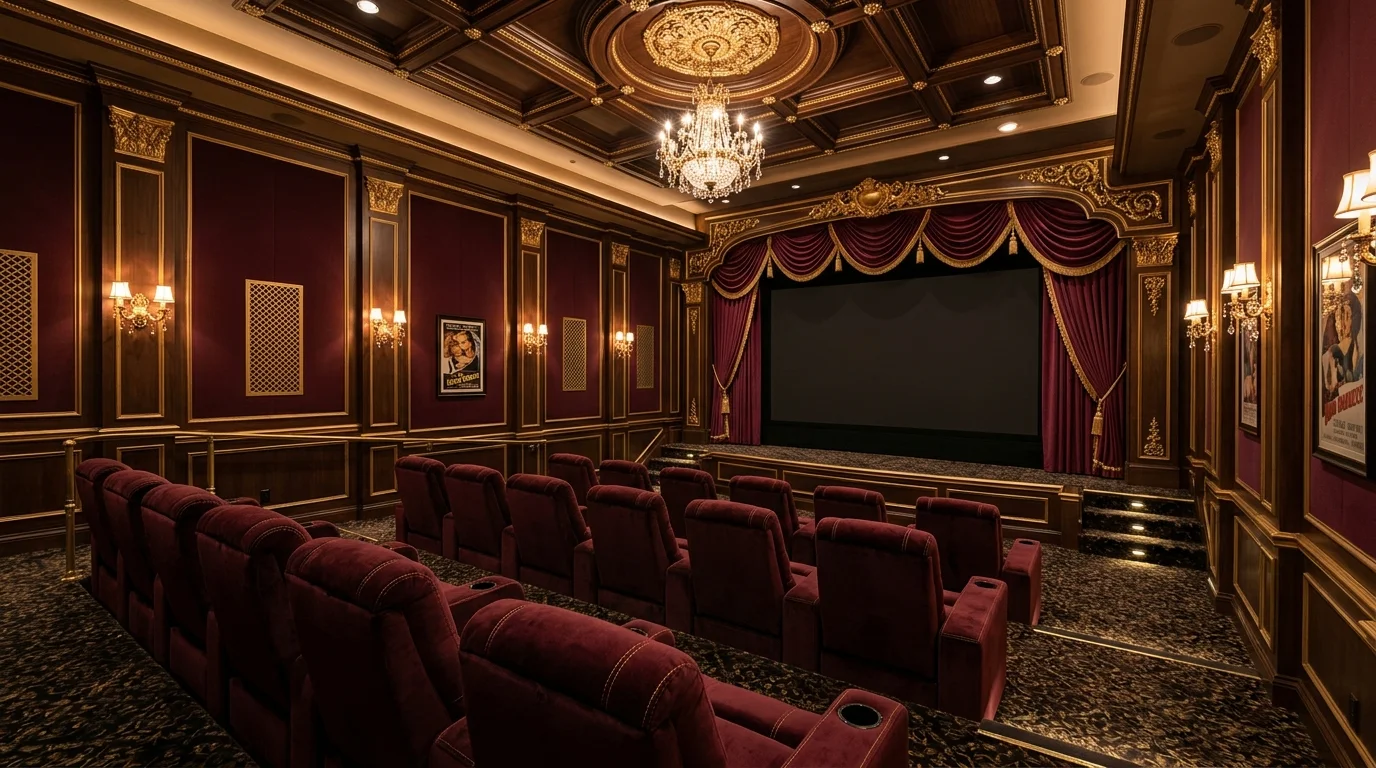 A luxury theater room with velvet curtains and gold accents soft ambient lighting elegant high end design no people
