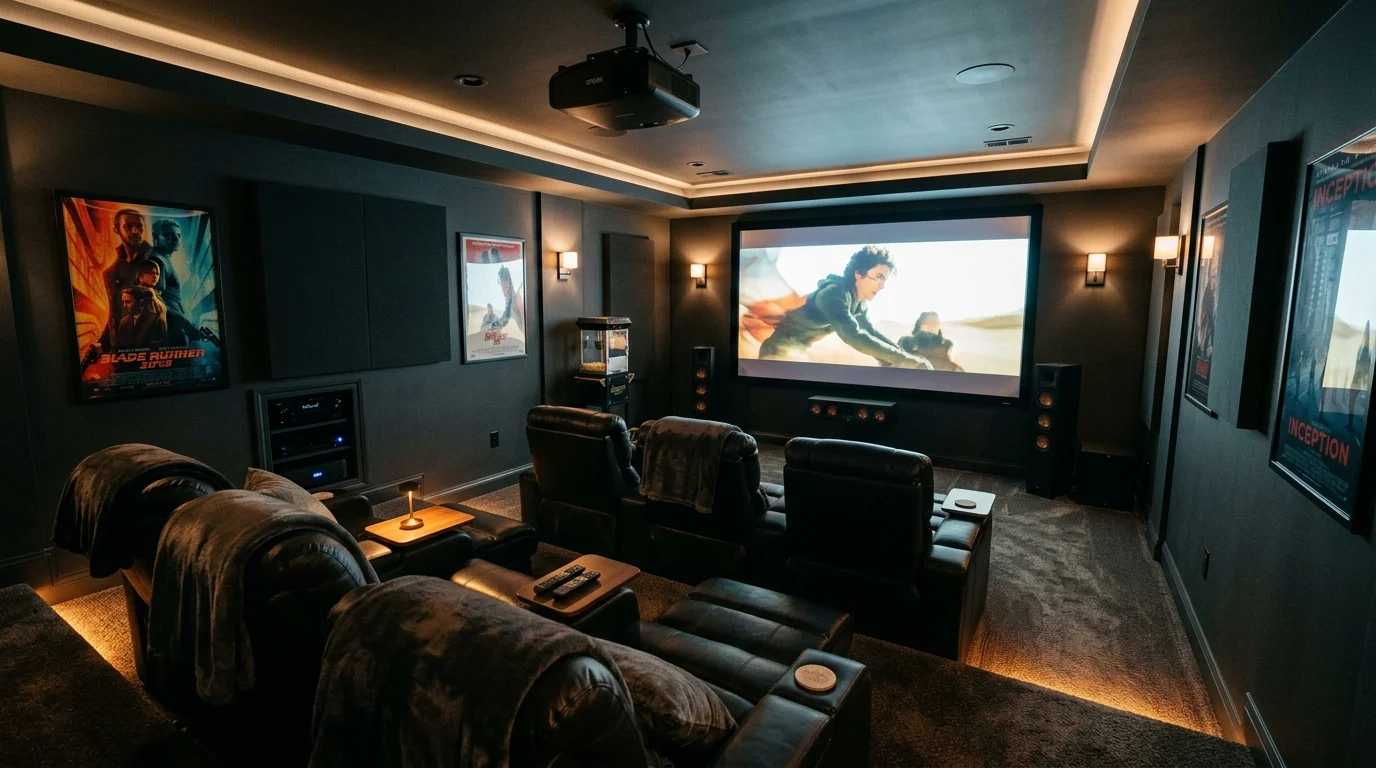 A basement theater room with dark walls and cozy seating dim lighting intimate cinematic experience no people