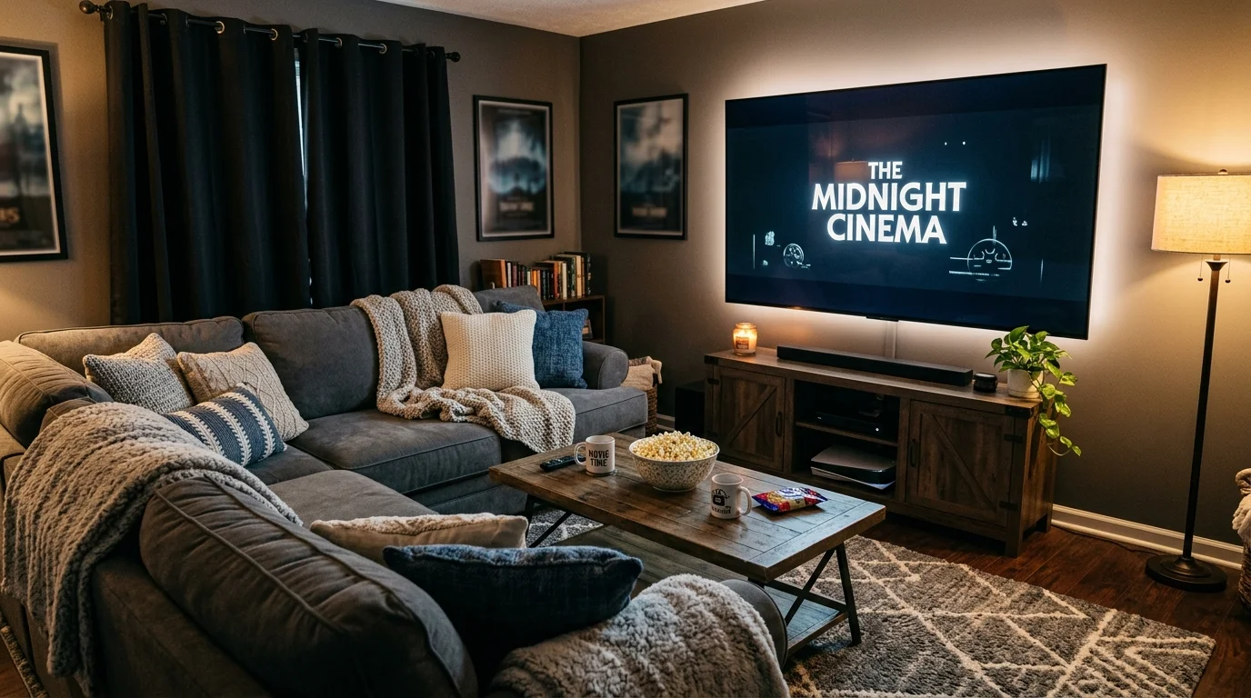 A room with a large sectional sofa facing a big screen TV soft lighting relaxed movie night setup no people