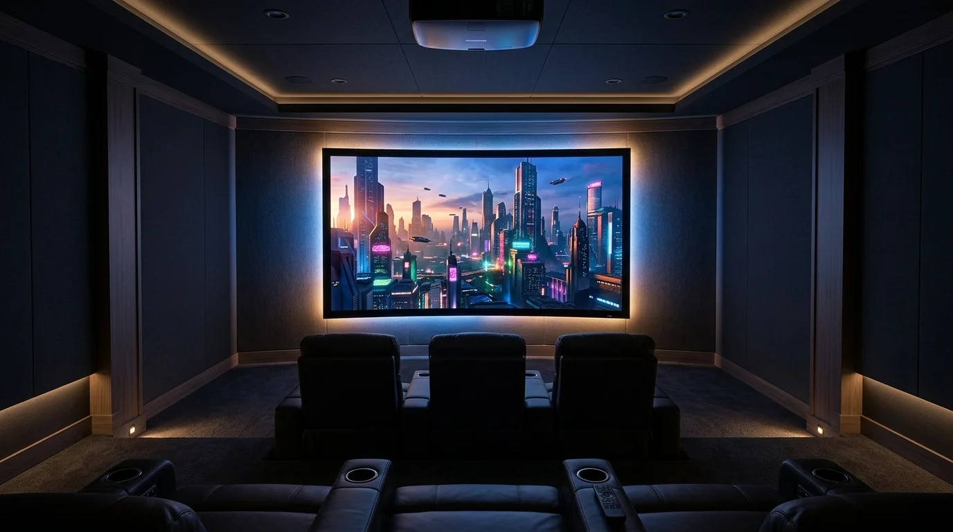 A theater room with LED backlighting behind the screen soft lighting modern immersive effect no people