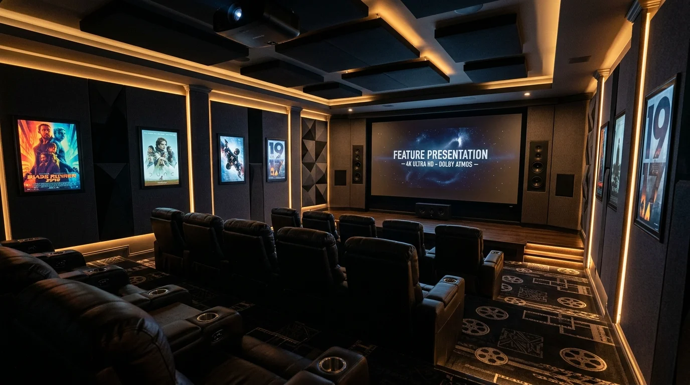 A cinematic room with soundproof walls plush seating and dramatic lighting creating a true movie theater experience no people