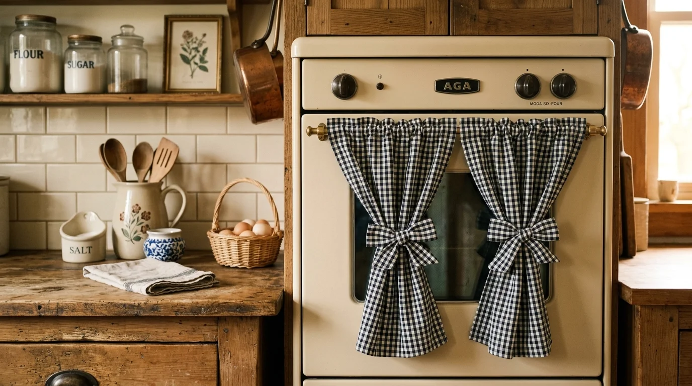 A farmhouse-style oven curtain cover using gingham check fabric in black and white, tied with a fabric bow, vintage kitchen setting, ceramic decor on countertops, cozy warm lighting, eye-level shot, no people