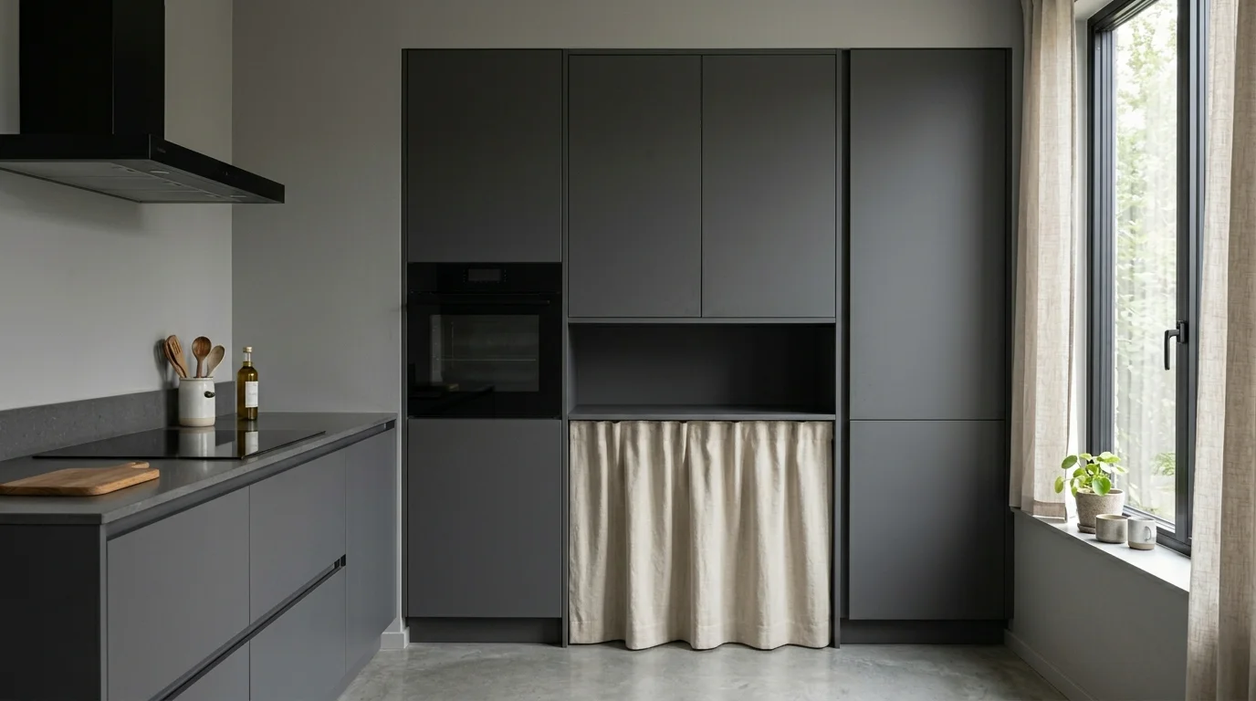 A modern oven concealment curtain made from thick neutral canvas fabric with hidden rod system, sleek kitchen with matte finishes, minimalist design, soft diffused daylight, front-facing composition, no people