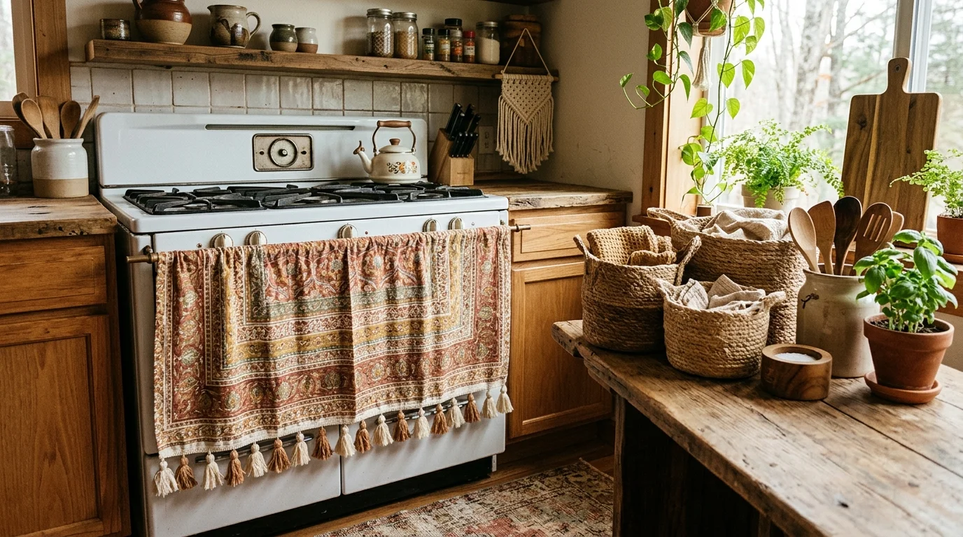 A boho-inspired oven curtain cover with patterned fabric, tassel trim, and earthy tones, wooden kitchen accents, woven baskets nearby, warm ambient lighting, slightly angled shot, no people