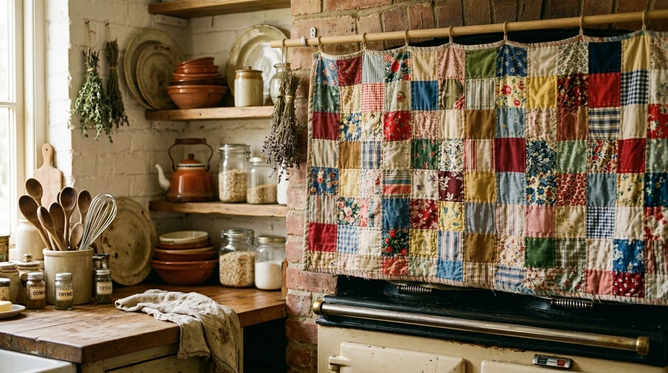 A DIY oven cover curtain using reclaimed fabric patches in a quilted design, colorful yet cozy texture, rustic kitchen with vintage cookware, warm golden lighting, close-up shot, no people