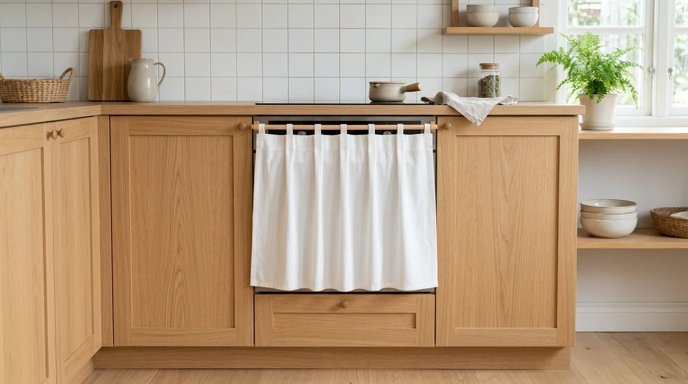 A Scandinavian-style oven curtain cover in plain white cotton with subtle pleats, clean kitchen with light wood cabinets, airy and bright atmosphere, soft natural lighting, straight-on view, no people